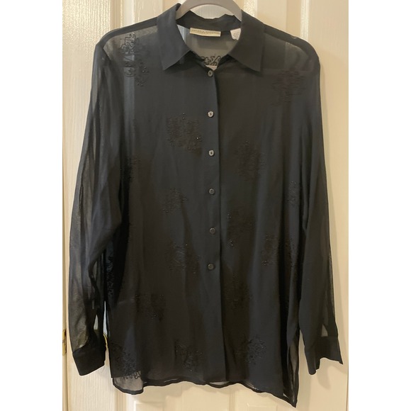 Valerie Stevens Button Shirt Women Small Pure Silk Beaded Sheer Floral Black - Picture 1 of 16